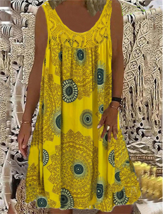 Women's Digital Printed Off-Shoulder Sexy Suspender Loose Dress Lace Casual Skirt