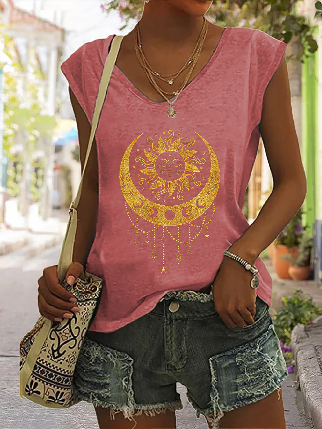 Vintage Moon And Sun Print V-neck Women's Vest