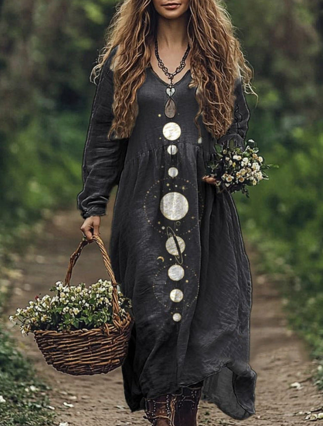 Vintage Moon And Sun Printed Women's Long Sleeve V-Neck Dress