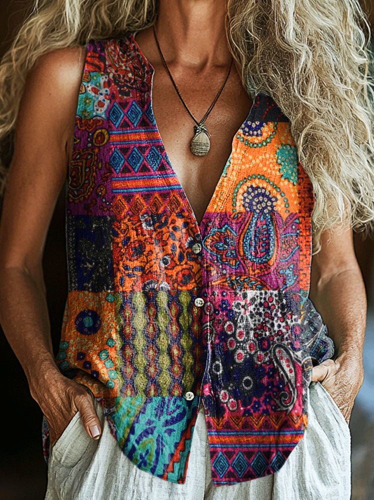 Women's Vintage Ethnic Floral Collage Art Print Sleeveless Cotton Shirt