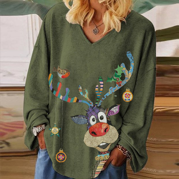 Lovely Cartoon Reindeer Print V-neck Long Sleeve Tee
