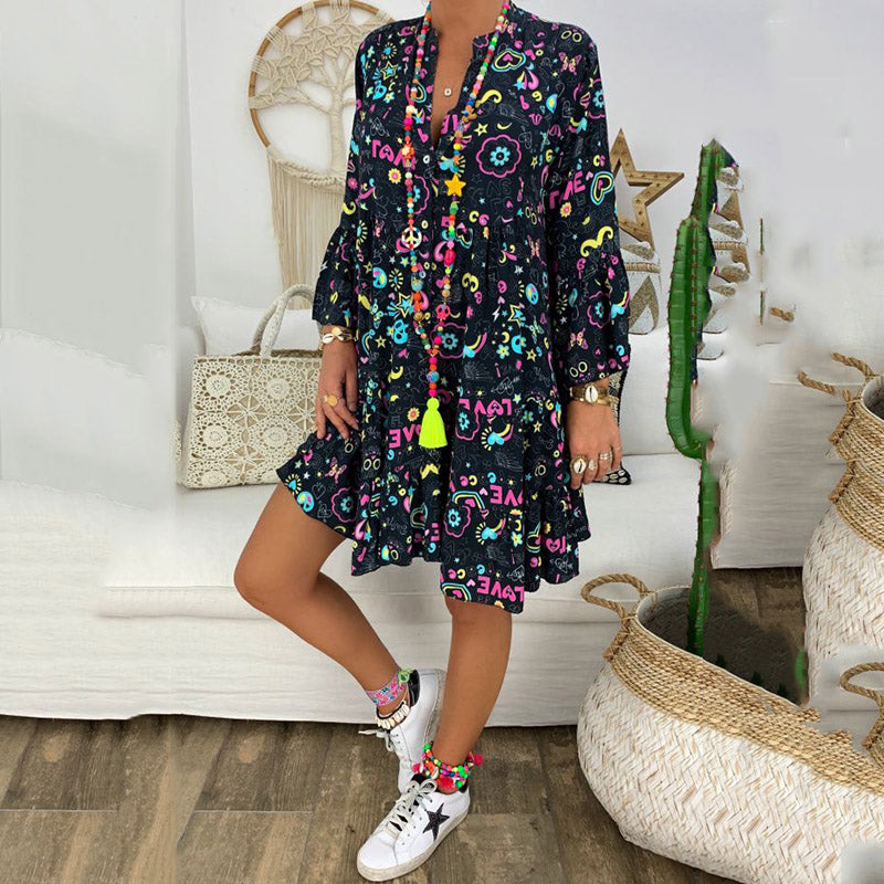 Little Flower Pattern And Peace Sign Full Print Women Mid-length Dress