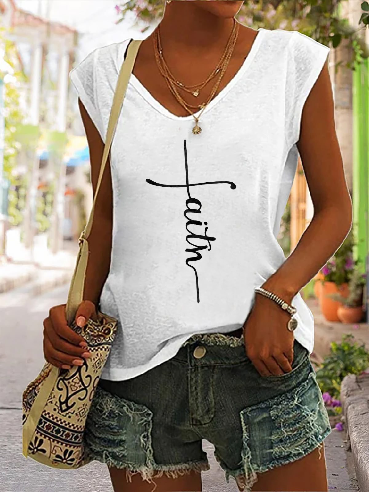 Faith Print Casual V-neck Sleeveless Tank Top