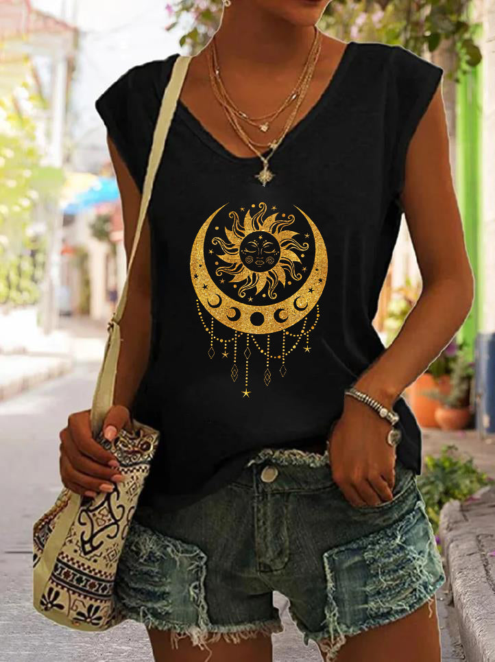 Vintage Moon And Sun Print V-neck Women's Vest