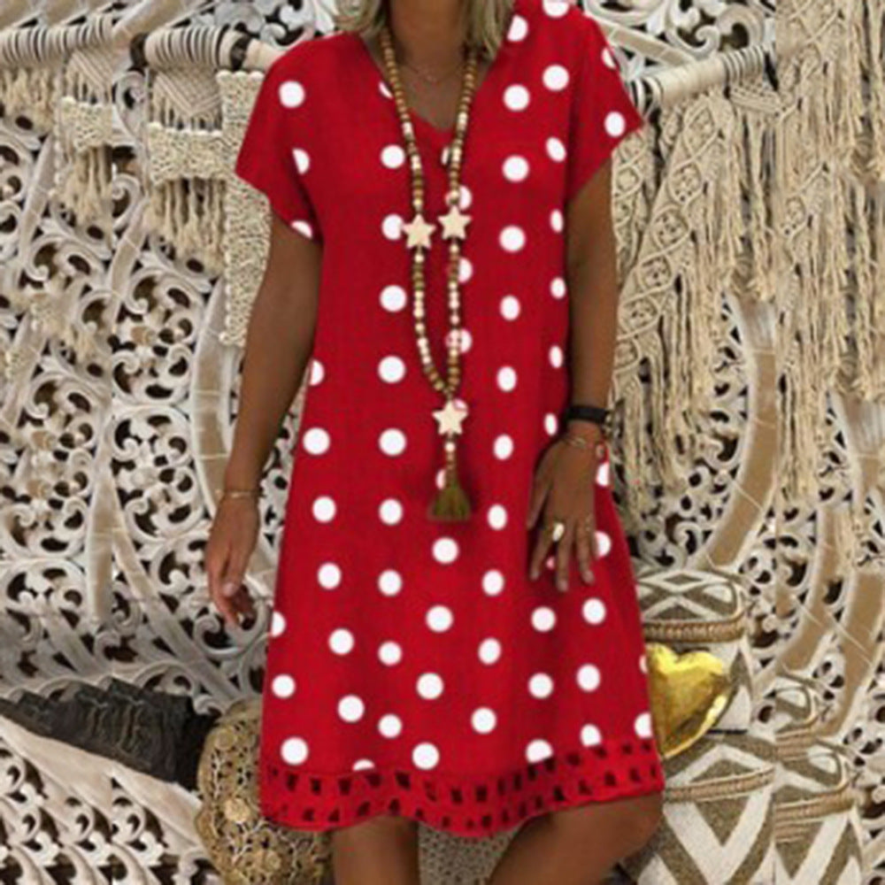 Polka Dot Short Sleeve V-Neck Print Mid Skirt