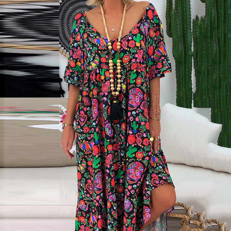 New Style Ruffled-sleeve Flower Printed Pleated Design Loose Long Dress