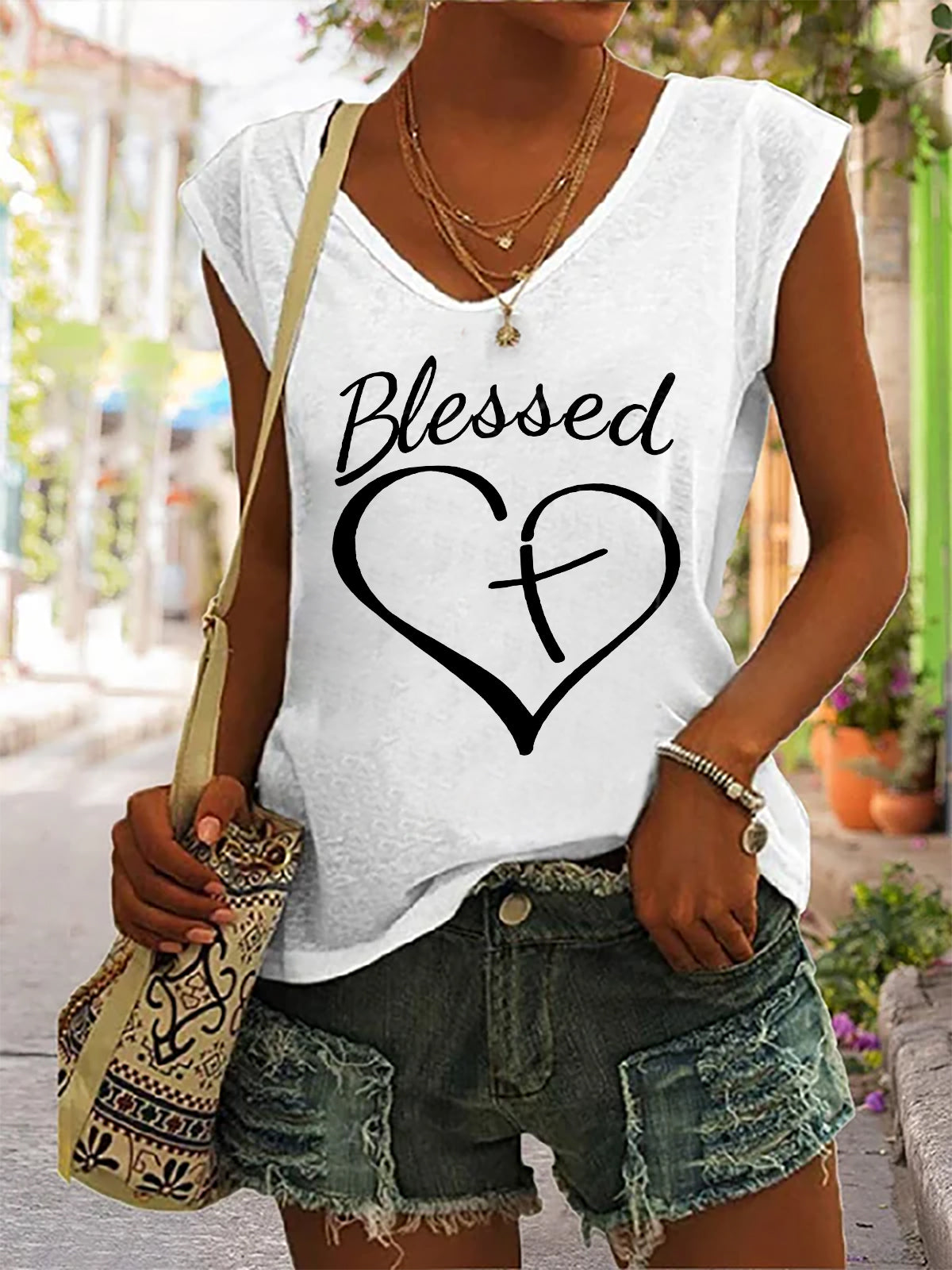 Bleooed Print Casual V-neck Sleeveless Tank Top