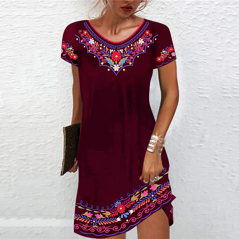 Women's Ethnic Style Long Skirt Short Sleeve Printed Dress
