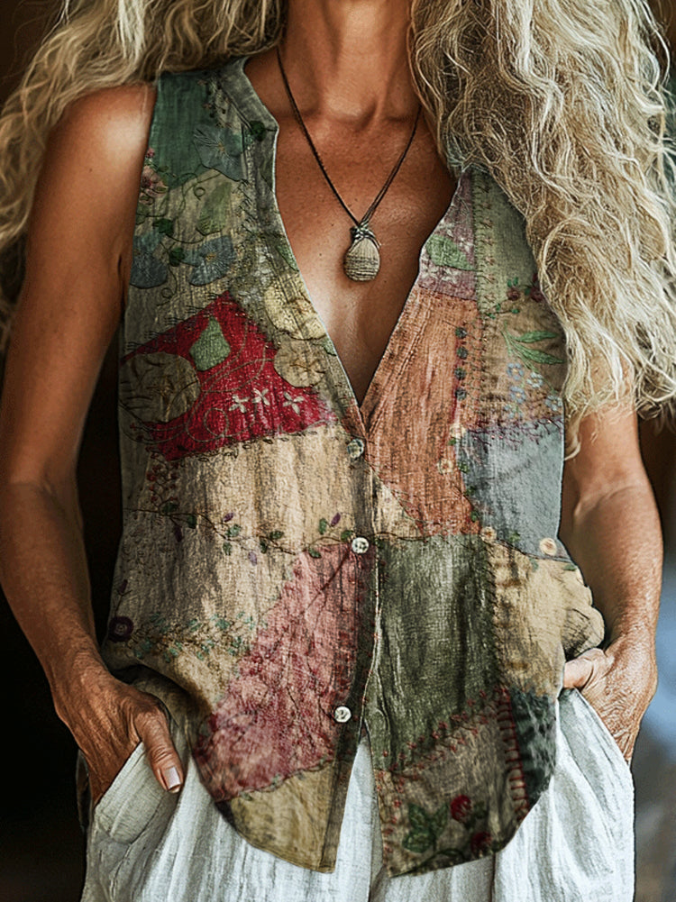Women's Vintage Floral Collage Art Print Sleeveless Cotton Shirt