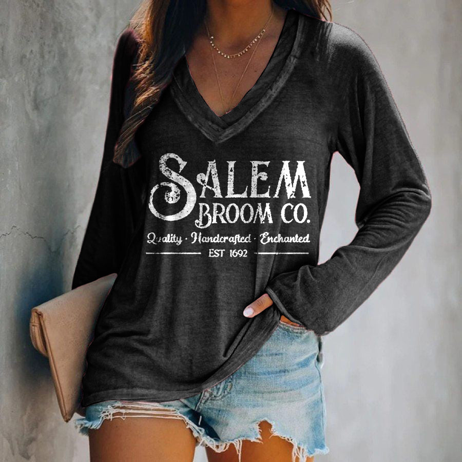 Salem Broom Printed V-neck Long Sleeve T-shirt
