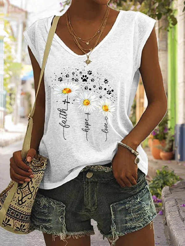 Faith Hope Love White Daisy Print Sleeveless Tank Top