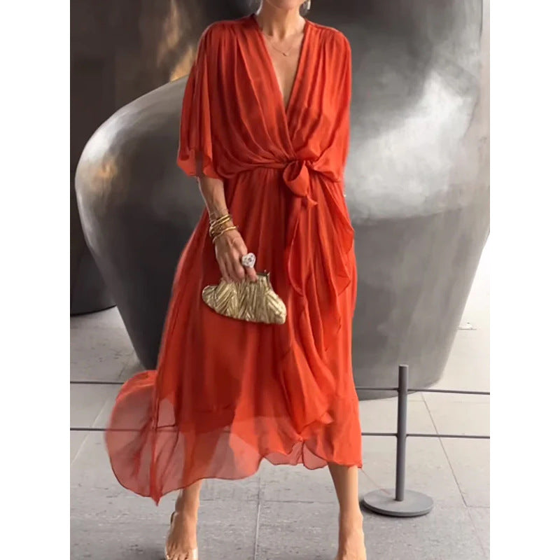 Solid Color Strappy Long Skirt With Bat Sleeves And Irregular Sleeves Dress