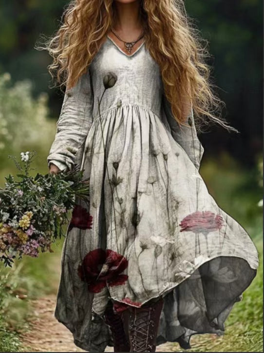 Vintage Red Floral Art Printed Women's Long Sleeve V-Neck Dress