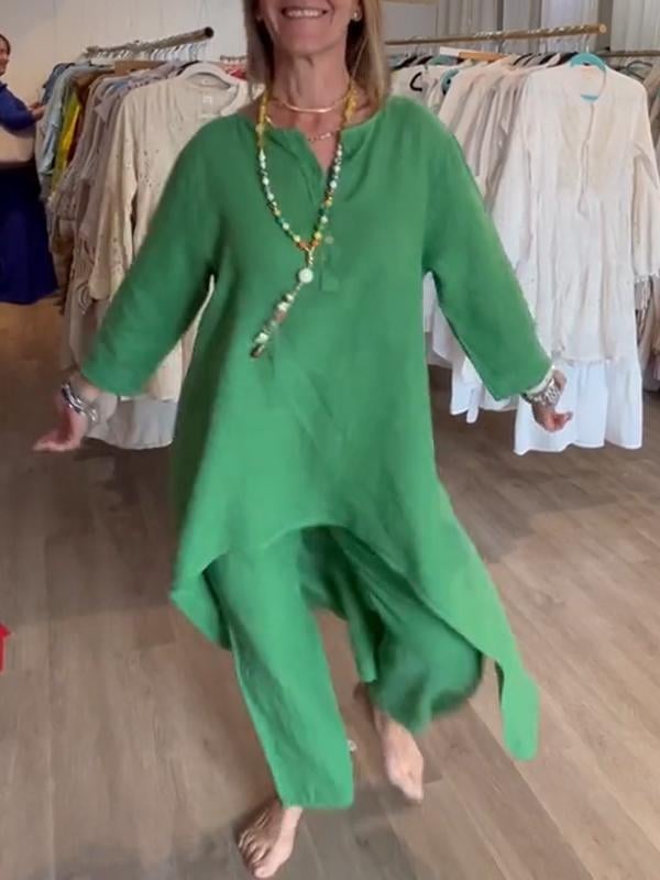 Solid Color Casual Long-Sleeved Cotton And Linen Women's Two-Piece Suit