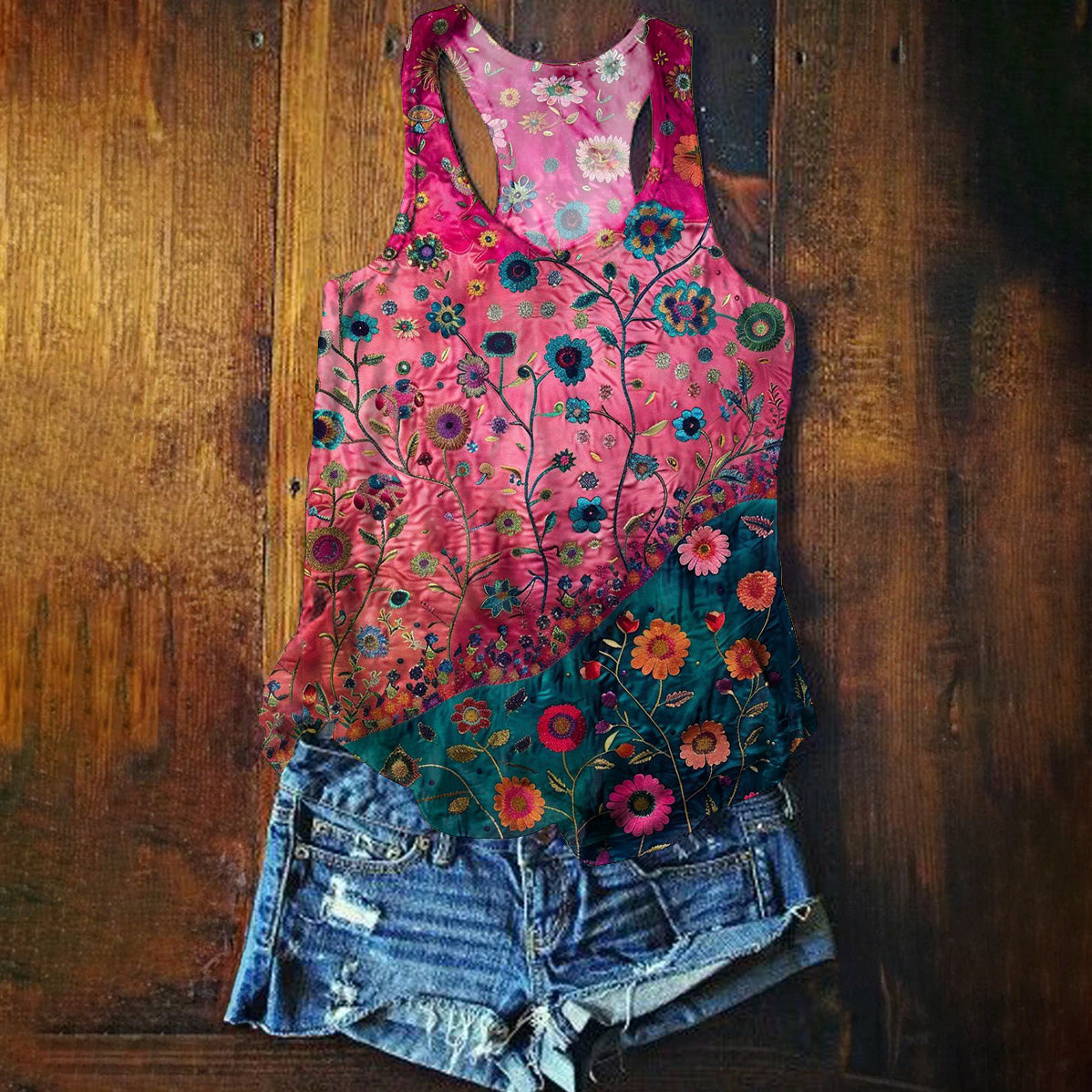 Women's Floral Embellished Pattern Art Print Crew Neck Casual Tank Top