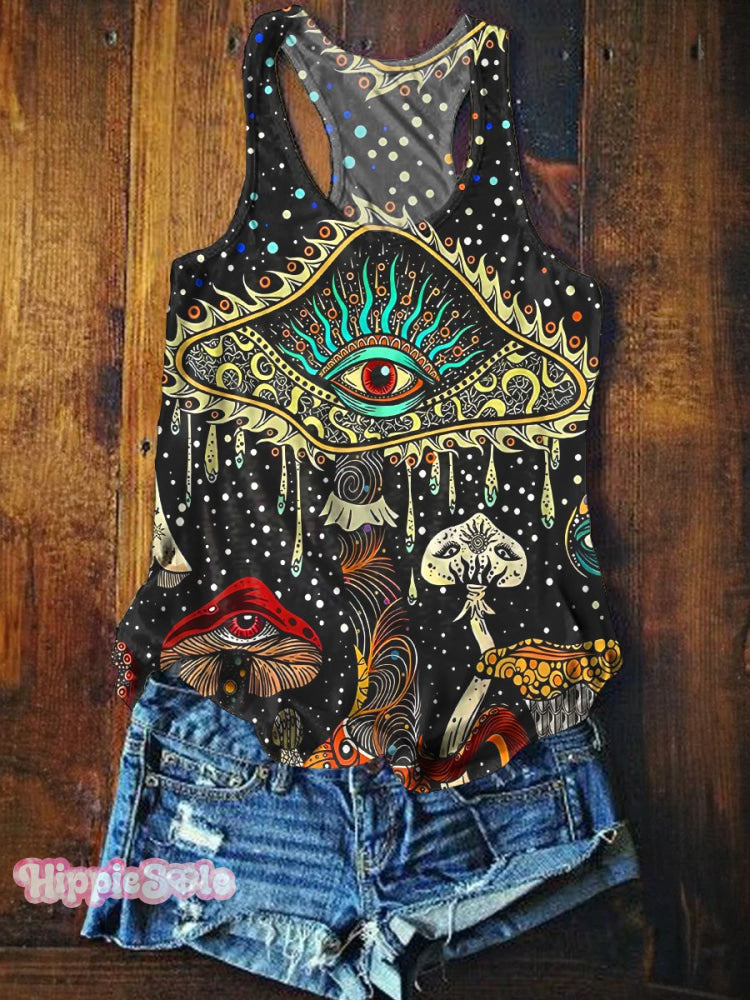 Women's Retro Hippie Tree Of Life Mushroom Print Tank Top