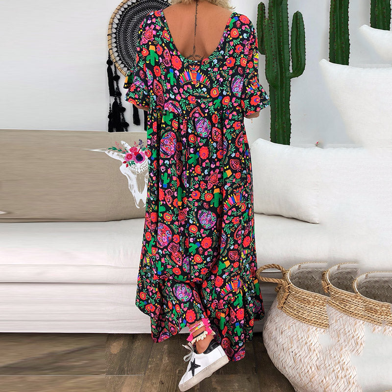 New Style Ruffled-sleeve Flower Printed Pleated Design Loose Long Dress