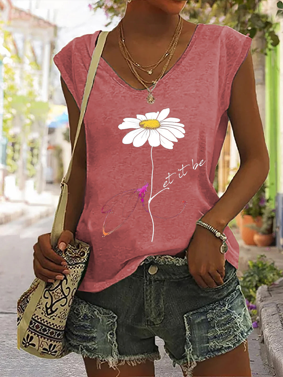 Daisy Let It Be Print V-neck Women's Vest