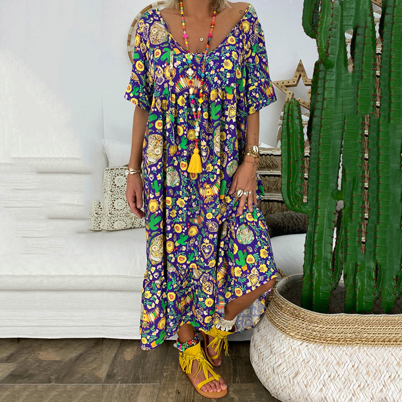 New Style Ruffled-sleeve Flower Printed Pleated Design Loose Long Dress In Purple