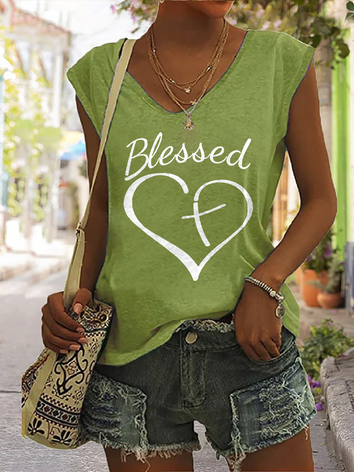 Bleooed Print Casual V-neck Sleeveless Tank Top