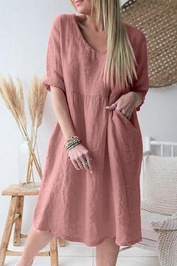 Casual Loose With A Seventh-Sleeve V-Neck Dress