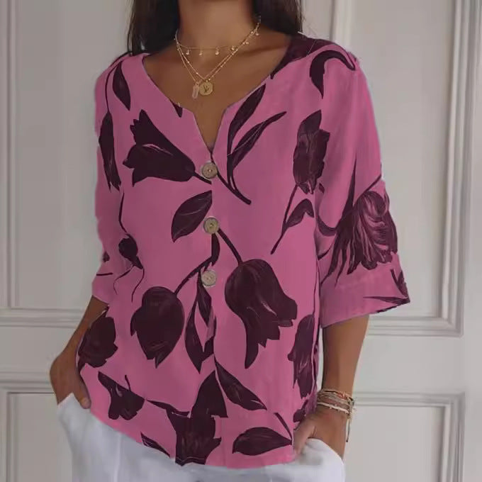 Summer Fashion Printed Cotton And Linen V-Neck Short-Sleeved Pullover Women's Shirt