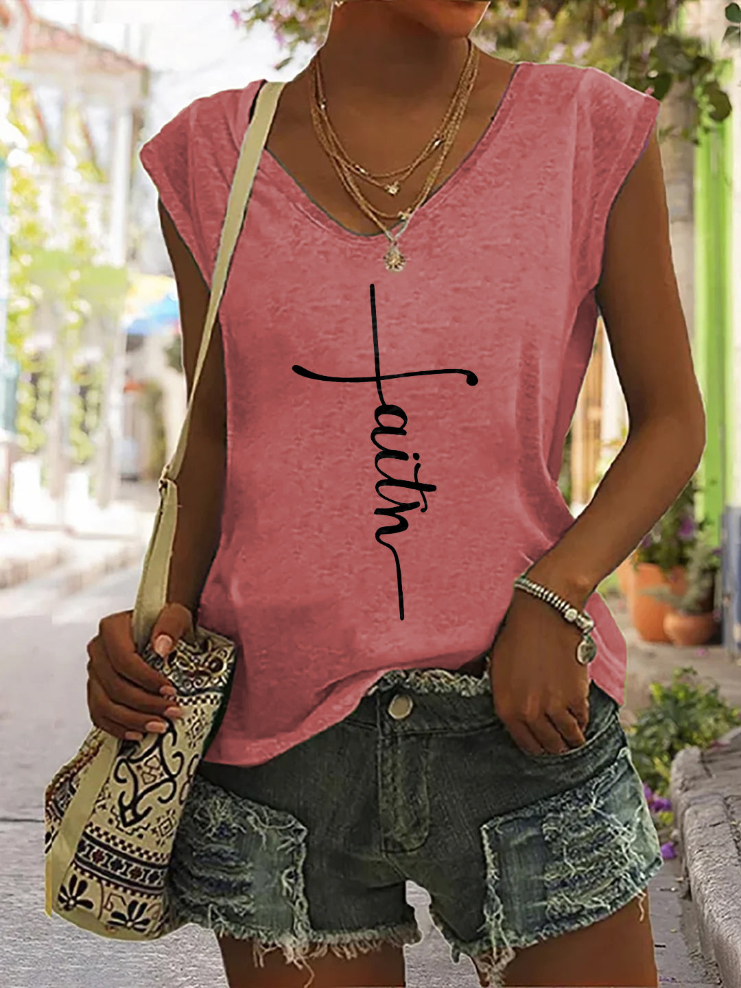 Faith Print Casual V-neck Sleeveless Tank Top