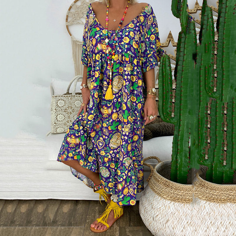 New Style Ruffled-sleeve Flower Printed Pleated Design Loose Long Dress In Purple