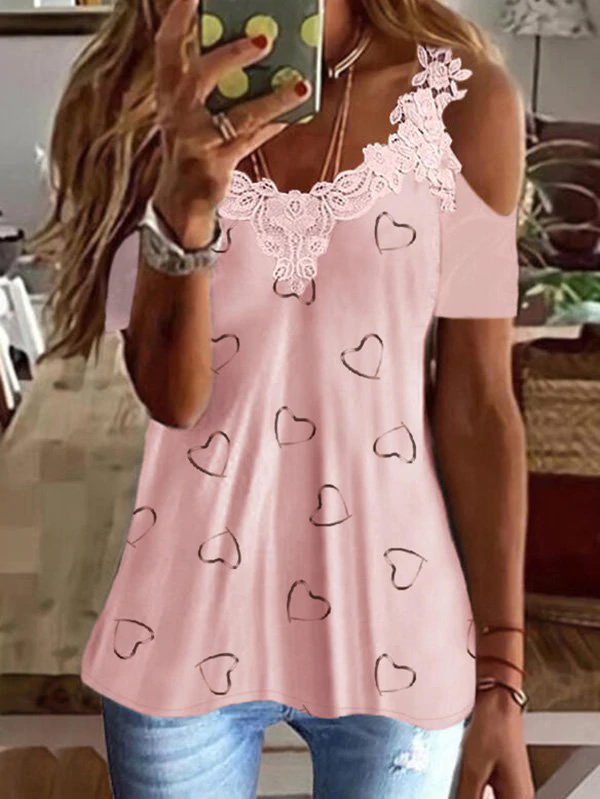 Heart V Neck Casual Short Sleeve T-Shirt