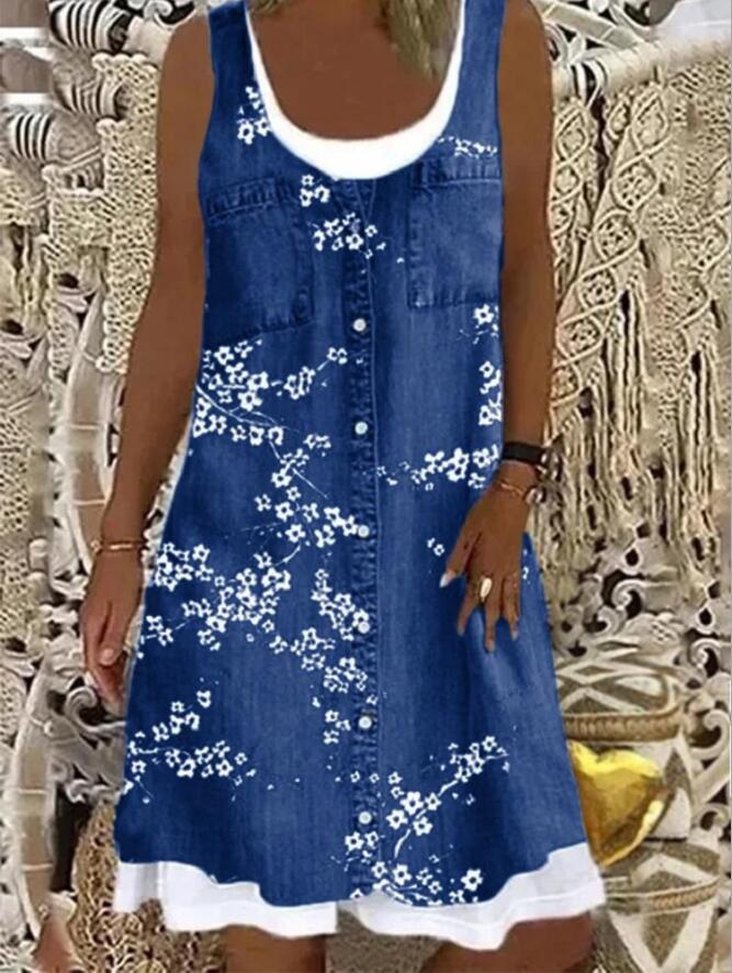 Printed Fake Two Piece Denim Dress