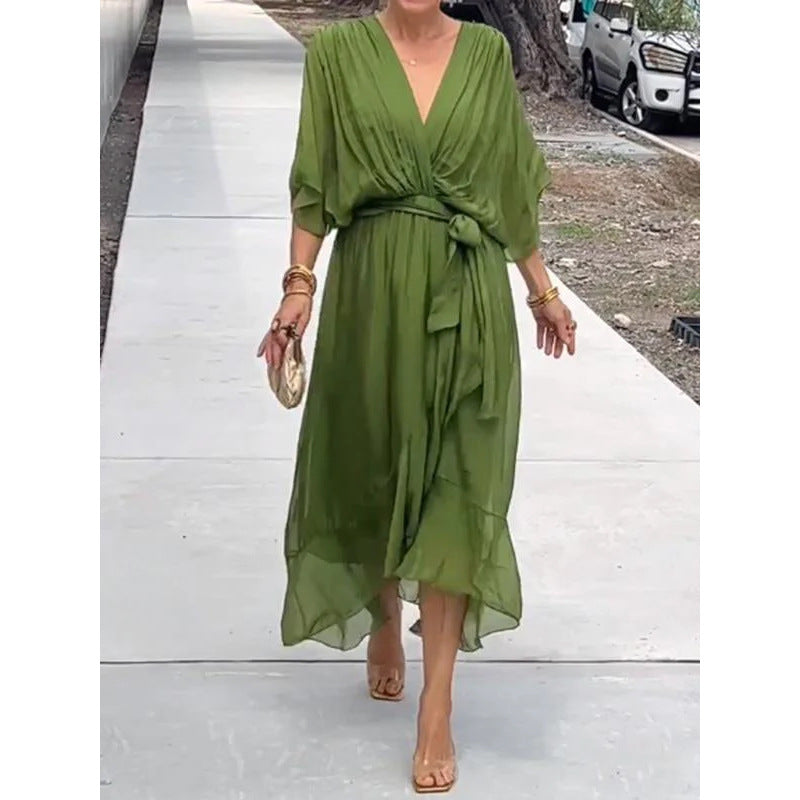Solid Color Strappy Long Skirt With Bat Sleeves And Irregular Sleeves Dress