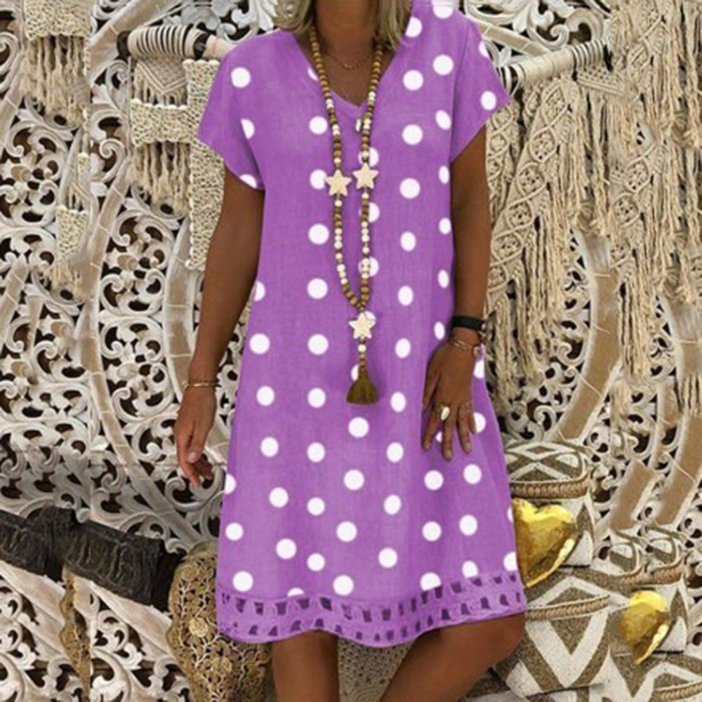 Polka Dot Short Sleeve V-Neck Print Mid Skirt
