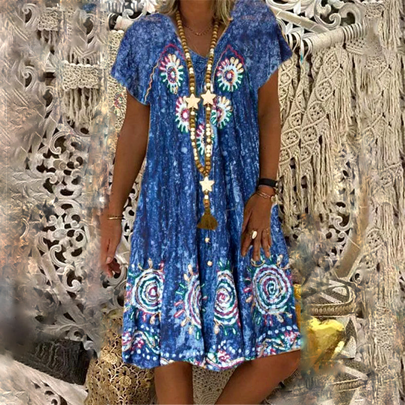 Fashion Ethnic Style Women Floral Plant Print Short Sleeve V-neck Dress