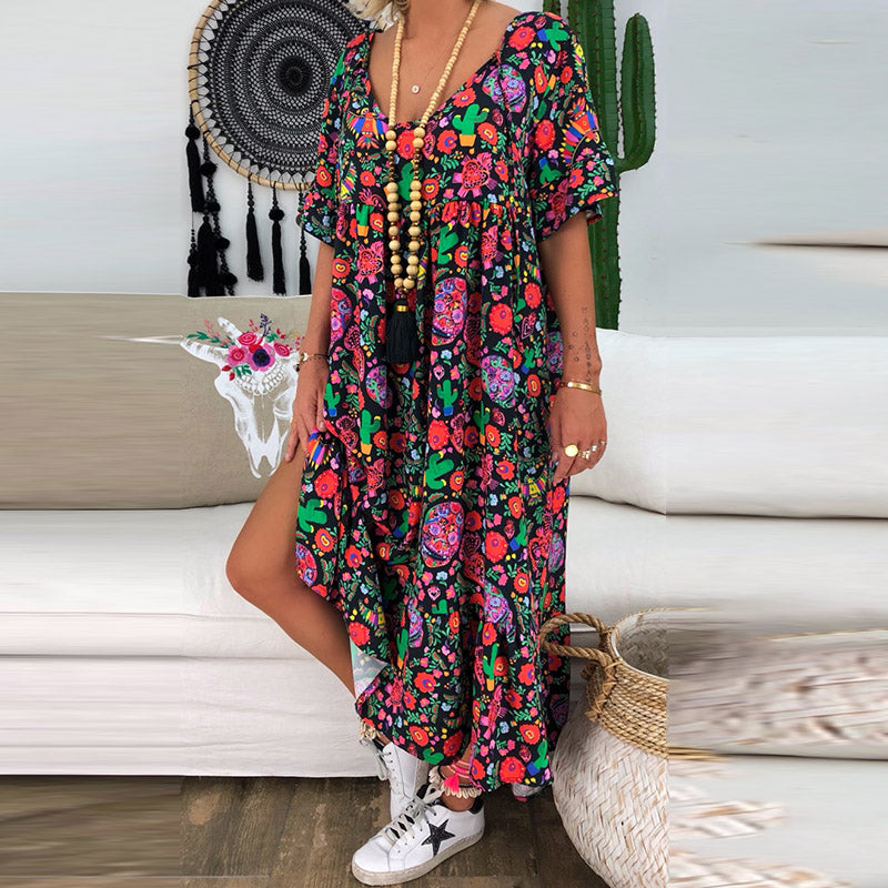 New Style Ruffled-sleeve Flower Printed Pleated Design Loose Long Dress