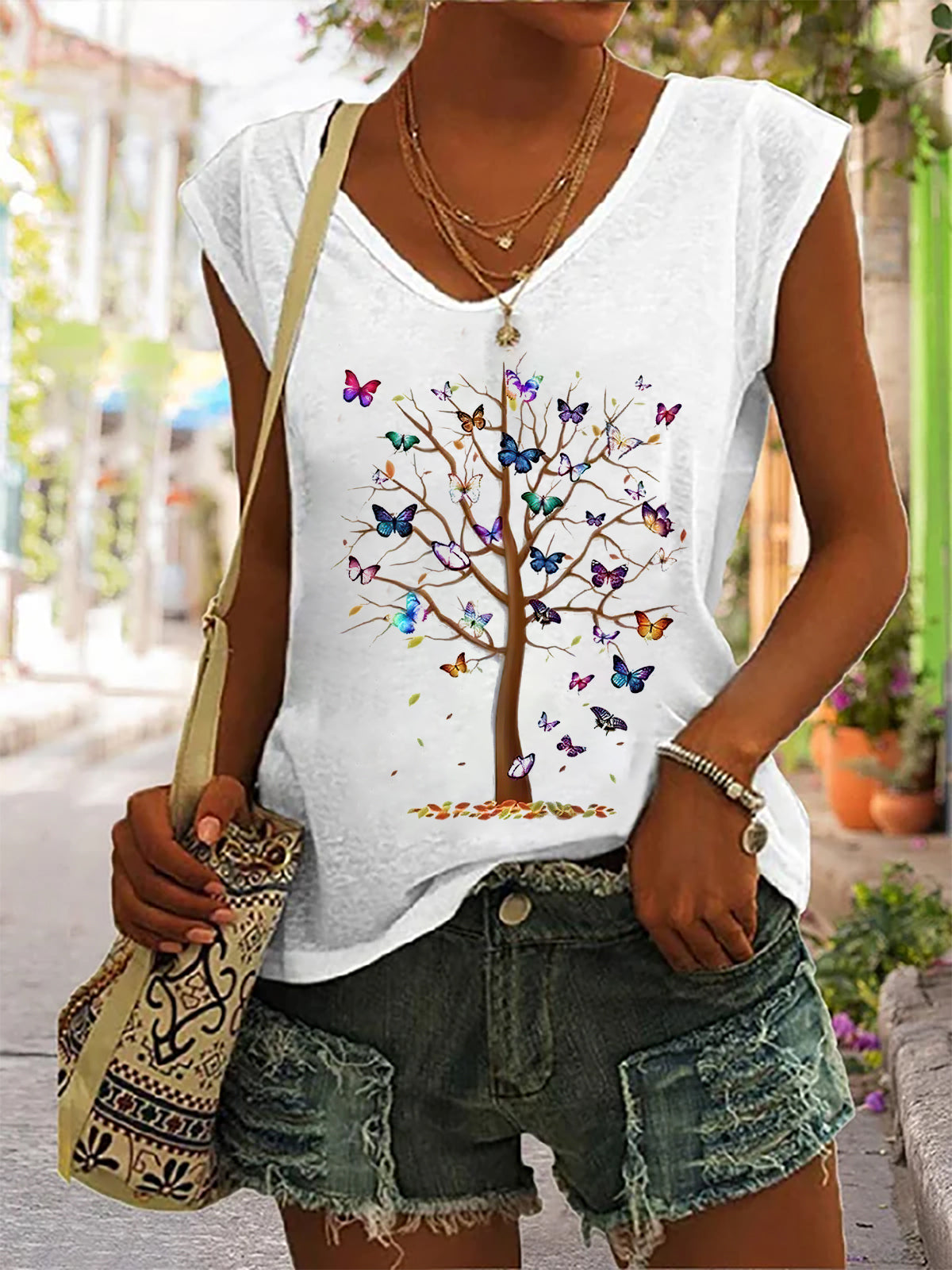 Dead Tree Full Of Butterflies Print V-neck Women's Vest
