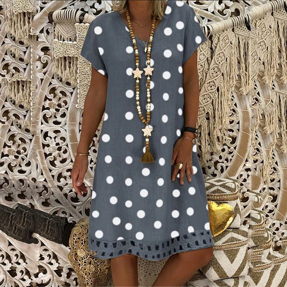 Polka Dot Short Sleeve V-Neck Print Mid Skirt