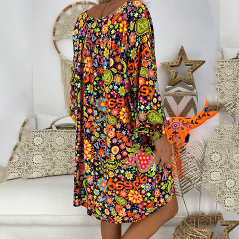 Spring And Summer New Women's V-neck Printed Peace Floral Oversized Long Dress