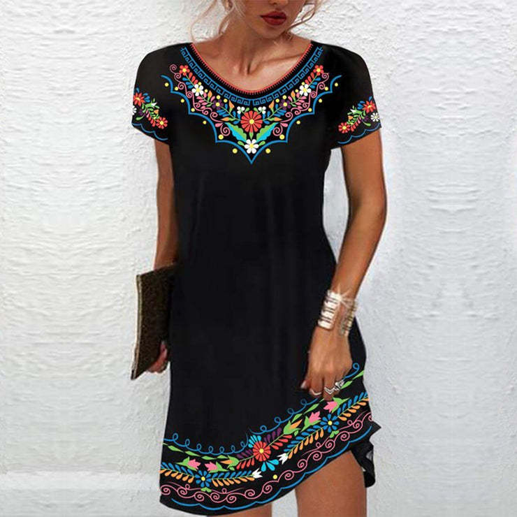 Women's Ethnic Style Long Skirt Short Sleeve Printed Dress
