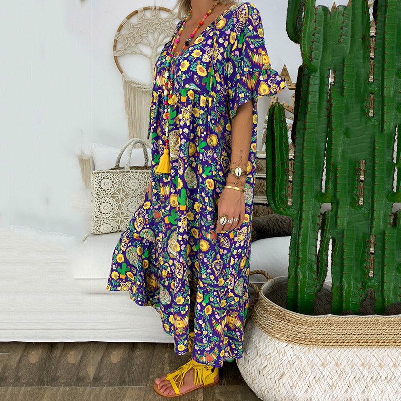 New Style Ruffled-sleeve Flower Printed Pleated Design Loose Long Dress In Purple