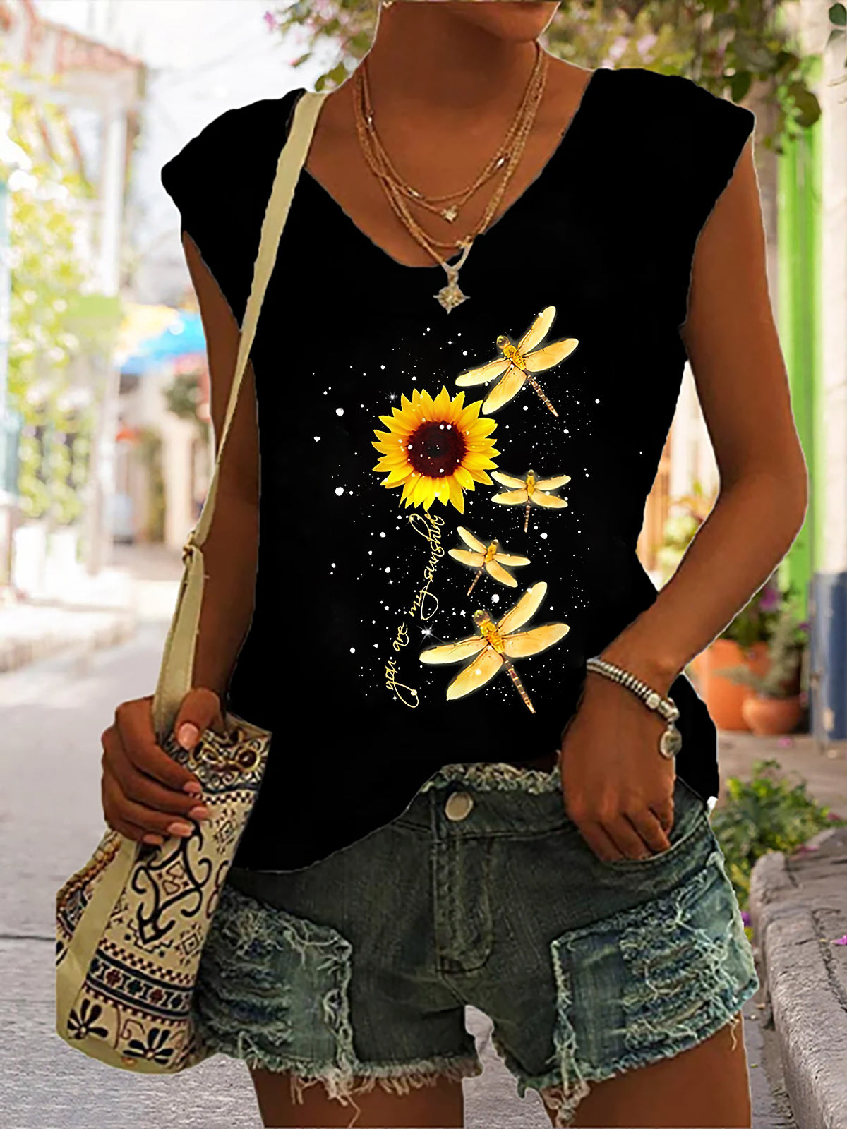 Sunflower Dragonfly Print V-neck Women's Vest