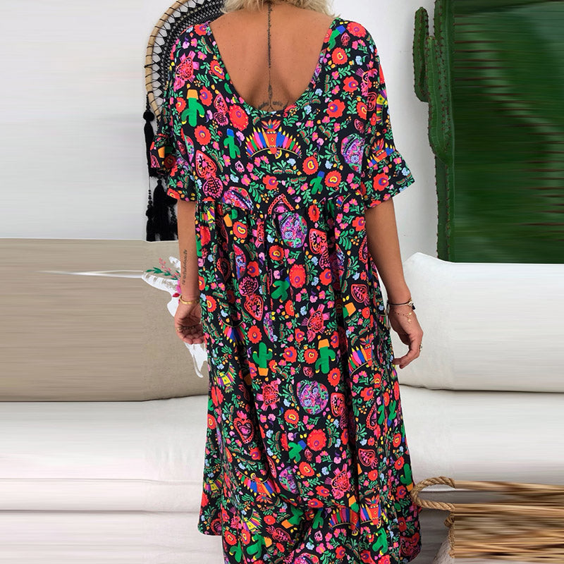 New Style Ruffled-sleeve Flower Printed Pleated Design Loose Long Dress