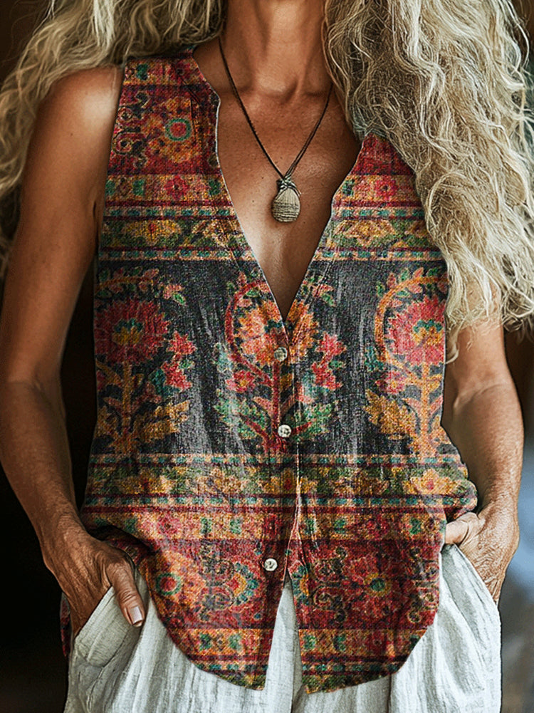 Women's Vintage Ethnic Floral Art Print Sleeveless Cotton Shirt