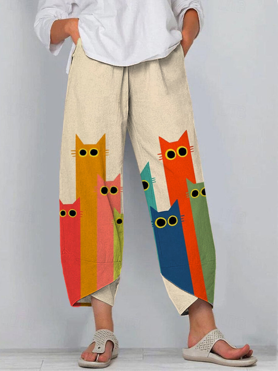 Women's Funny Cat Art Print Linen Pants