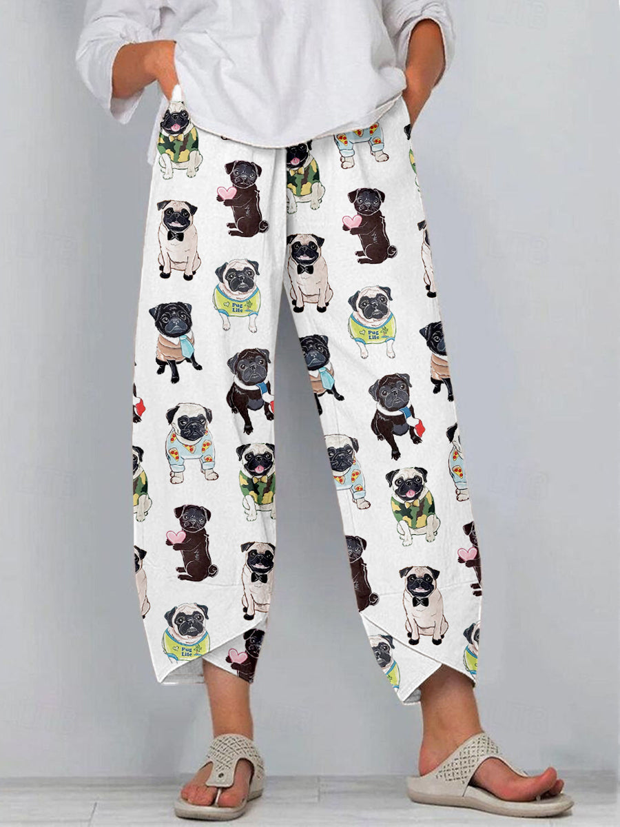 Women's Cute Pug Print Linen Pants