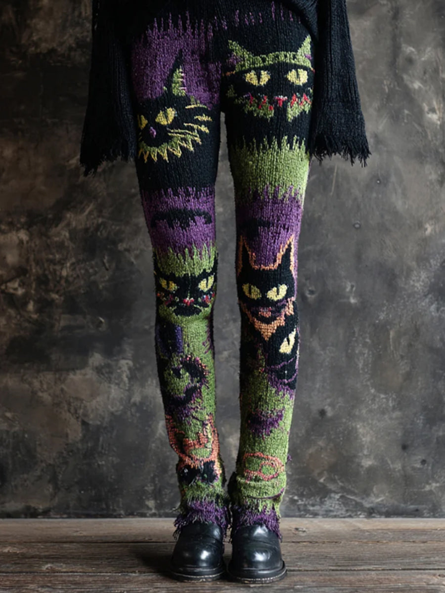 Women's Halloween Spooky Cat Embroidered Knit Leggings