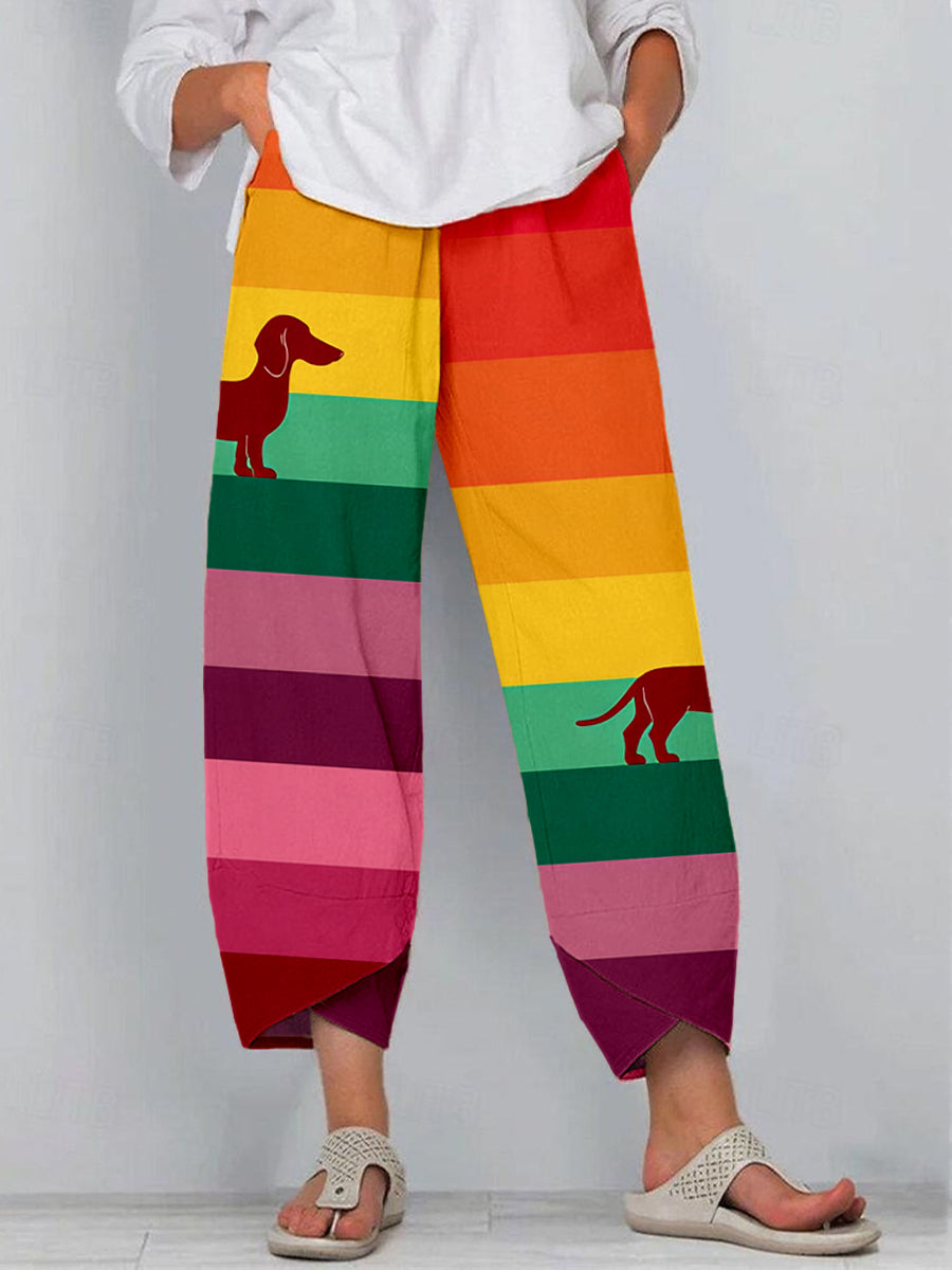 Women's Colorful Dachshund Art Print Linen Pants