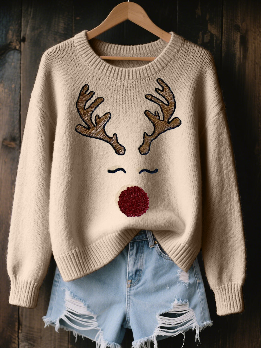 Women's Cute Reindeer Embroidered Cozy Knit Sweater