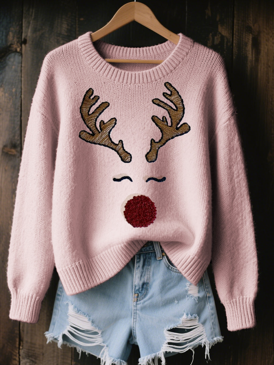 Women's Cute Reindeer Embroidered Cozy Knit Sweater
