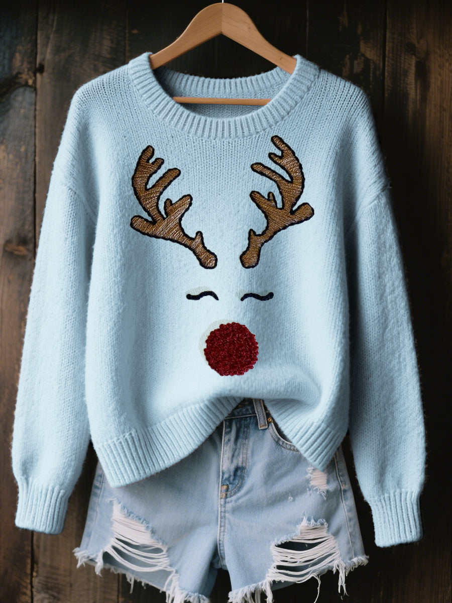 Women's Cute Reindeer Embroidered Cozy Knit Sweater