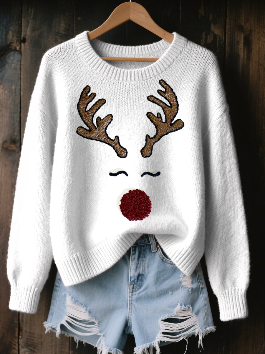 Women's Cute Reindeer Embroidered Cozy Knit Sweater